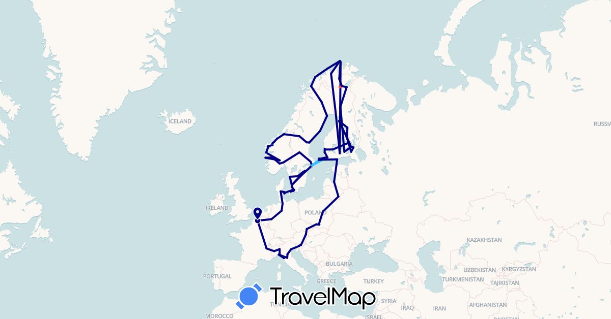 TravelMap itinerary: driving, hiking, boat in Austria, Åland Islands, Germany, Denmark, Estonia, Finland, France, Italy, Lithuania, Latvia, Norway, Poland, Sweden, Slovenia (Europe)